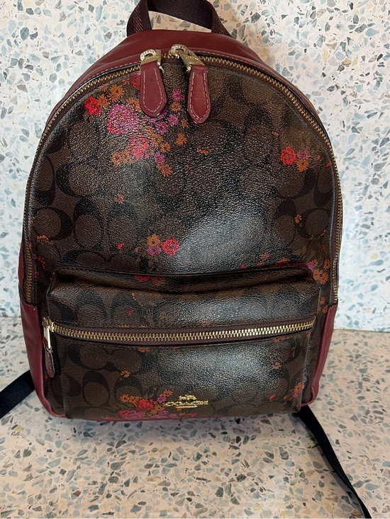 Coach Handbags - Coach F38049 Prairie Floral Signature Canvas Backpack Burgundy Leather